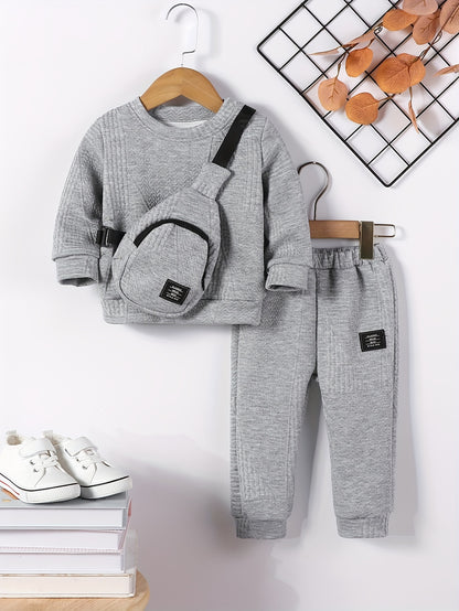 3pcs Set for Boys: New Autumn Shoulder Button Plain Round Neck Sweater, Trousers and Crossbody Bag, Casual and Fashionable Three-piece Set