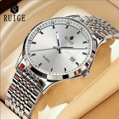 RUIGE Men's Sleek Quartz Watch - Stainless Steel Band, Simple Design with Date Display & Night Light Feature, Casual Wristwatch for Casual Attire