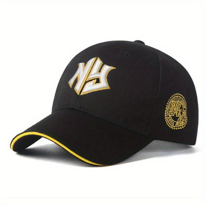 NY Embroidered Baseball Cap - Stylish Black Polyester Hat with Golden "NY" Design, Perfect for Spring & Fall Sports and Casual Wear, Casual Headwear | Embroidered Cap | Polyester Cap