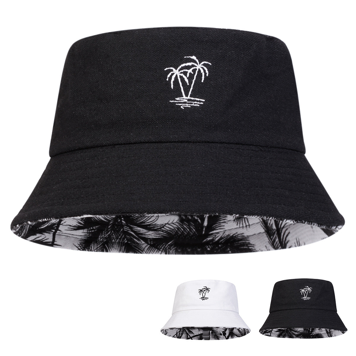 1pc Unisex Bucket Hat - Double-Sided Coconut Tree, Lightweight Fisherman Cap with Wide Brim, Elastic Fit for Beach, Travel, Everyday - Men & Women (Black/White/), Beach Hat, Travel Headwear, Detail
