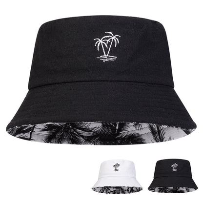 1pc Unisex Bucket Hat - Double-Sided Coconut Tree, Lightweight Fisherman Cap with Wide Brim, Elastic Fit for Beach, Travel, Everyday - Men & Women (Black/White/), Beach Hat, Travel Headwear, Detail
