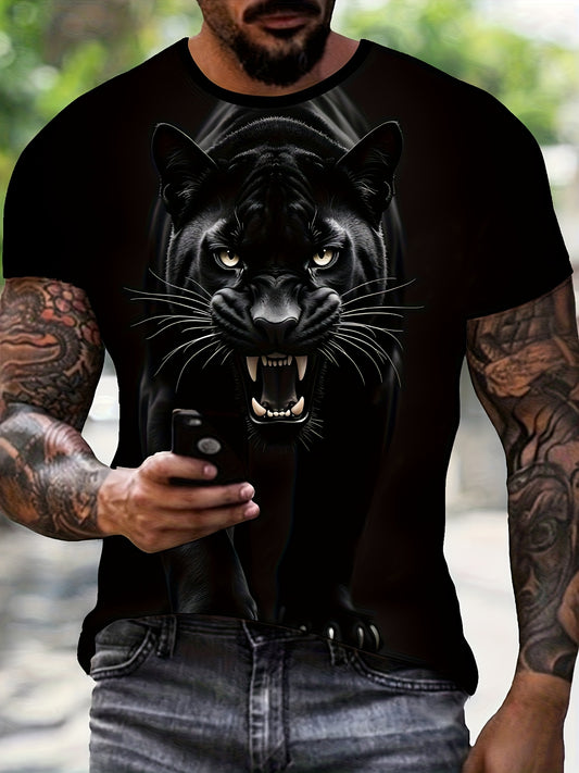 Men's 3D Animal Print T-Shirt, Black Leopard Pattern, New Fashion Trendy Casual Comfortable Tee, Stylish Short Sleeve Top for Summer Daily Wear