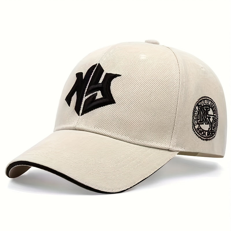 NY Embroidered Baseball Cap - Stylish Black Polyester Hat with Golden "NY" Design, Perfect for Spring & Fall Sports and Casual Wear, Casual Headwear | Embroidered Cap | Polyester Cap