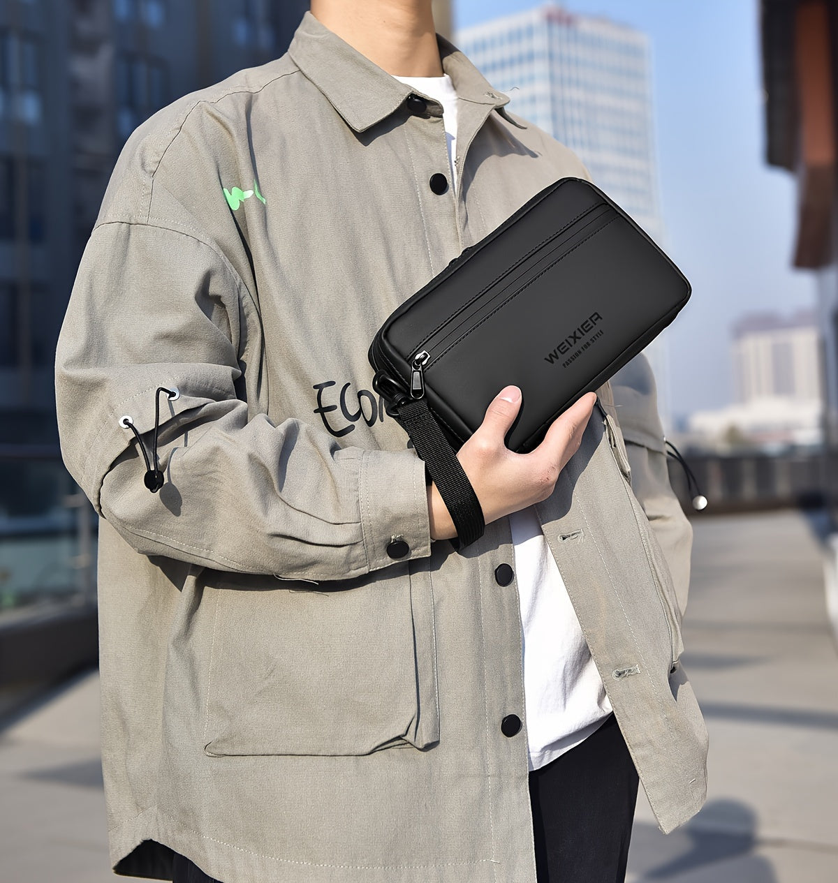 WEIXIER Men's Casual Nylon Handbag - Large Capacity with Adjustable Wrist Strap, Sleek Black for Daily Use, Valentine's Day Gift for Him, Outdoor Bag | Casual Style | Nylon Material