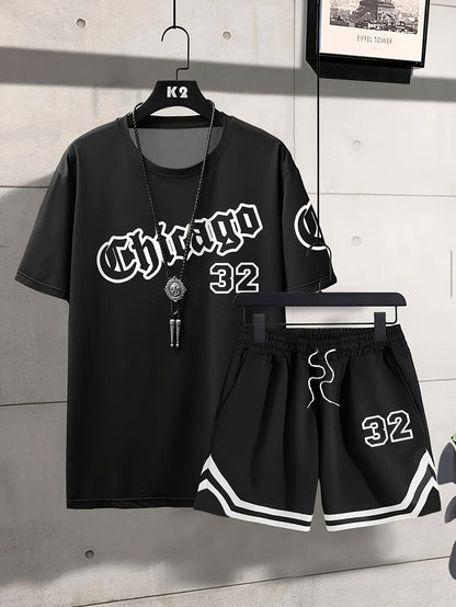 Chicago Monogram Print Men'S Short Sleeve And Shorts Set Everyday Casual Men'S T-Shirt Street Fashion Sports Shorts Two-Piece