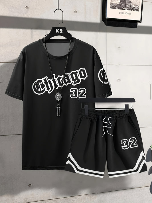 Chicago Monogram Print Men'S Short Sleeve And Shorts Set Everyday Casual Men'S T-Shirt Street Fashion Sports Shorts Two-Piece