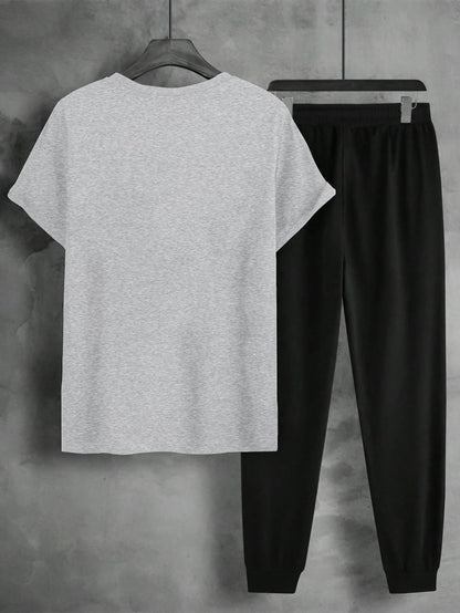 1set Men'S Casual Sportswear Set, Geometric Pattern Short Sleeve T-Shirt and Drawstring Joggers, Knitted Polyester and Elastane Blend, Round Neck, Regular Fit, Four Seasons Outfit