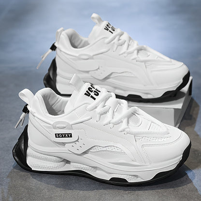 Men's Trendy Solid Colour Chunky Sneakers, Comfy Non Slip Durable Lace Up Soft Sole Shoes For Men's Outdoor Activities