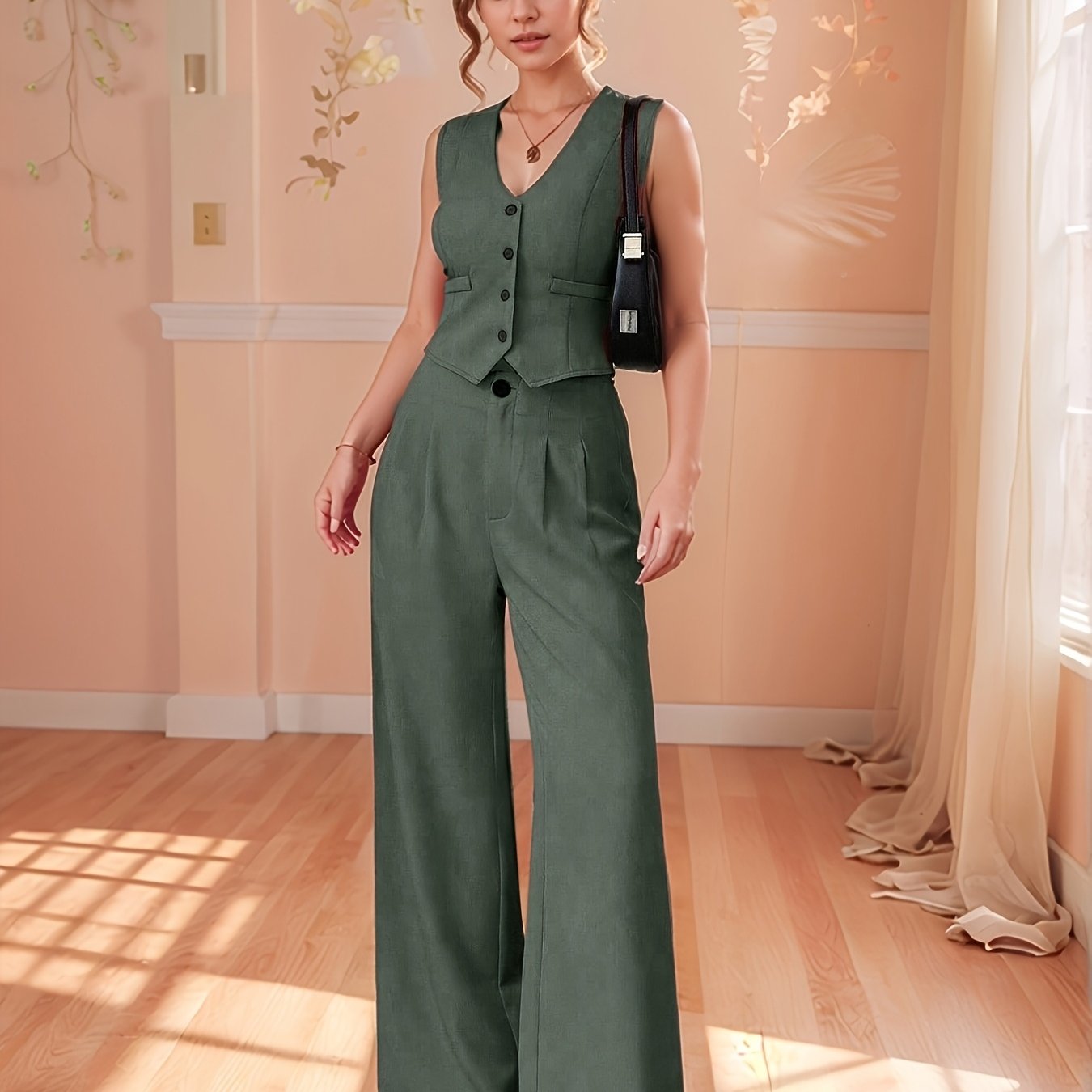 Design-Savvy Red Mini-Chic Sleeveless Suit Vest and Wide-Leg Pants Two-Piece Set