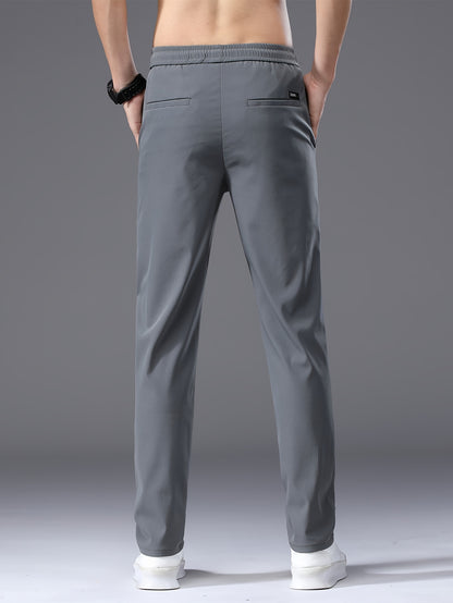 Men's Summer Casual Pants - Lightweight Stretch Nylon, Elastic Drawstring Waist, Straight Fit, Solid Black Trousers for Casual Attire, Adjustable Comfort Pants|Relaxed Look|Glossy Finish