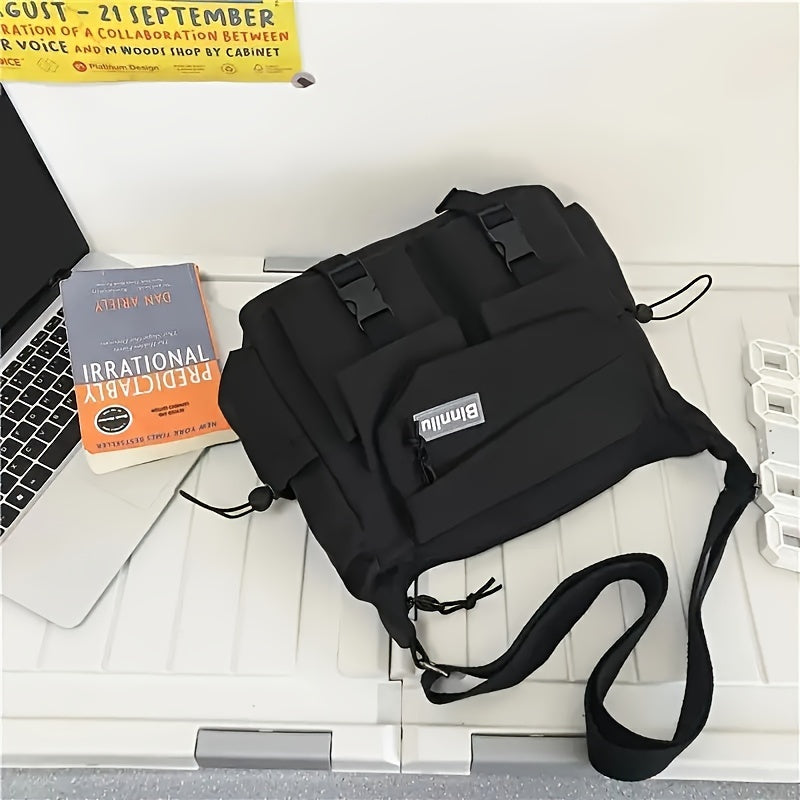 Trendy Nylon Messenger Bag - Casual Japanese-Inspired Shoulder Bag with Adjustable Strap, Large Capacity, Multi-Pocket Design for School & Sports, Blue & White