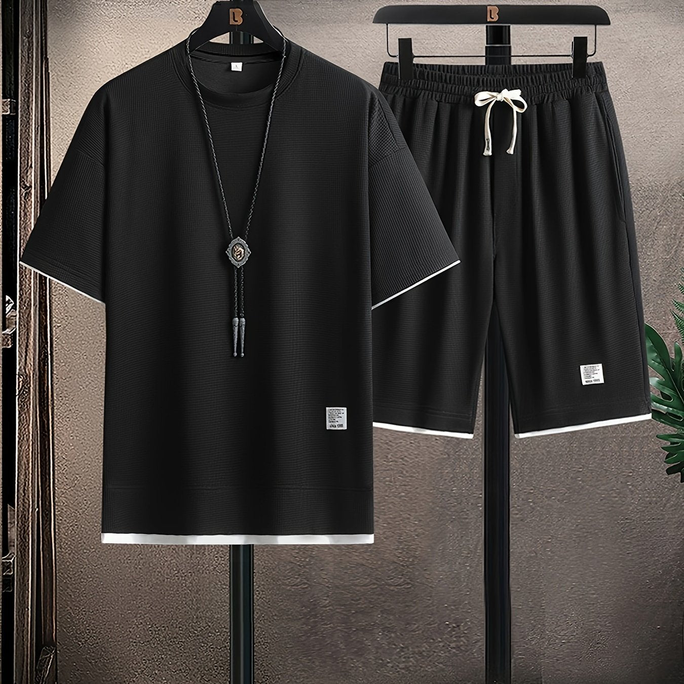 Waffle Grid Men's Trendy Round Neck T-shirt Breathable Casual Sports Suit Loose Two-Piece Set