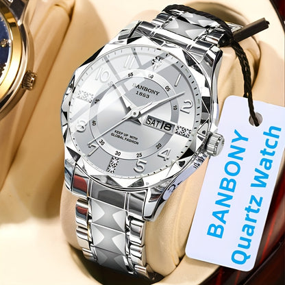 1 New BANBONY Brand Unisex Stainless Steel Quartz Watch with HD Scratch-Resistant Rhinestone-Embellished Simple Digital Round Dial, Luminous Display Date Calendar Battery-Powered Multifunctional Fully Automatic Wristwatch for