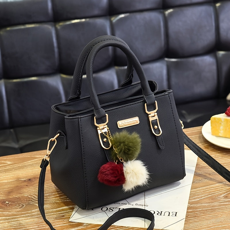 Stylish Lychee Pattern Handbag with Adjustable Strap and Pom Pom Ball Charms - Versatile Shoulder Handbag for Women in Black, Army Green, Khaki, Light Grey, Dark Grey, Red, Crossbody Purse, Charming Pom Pom Accents, Metallic