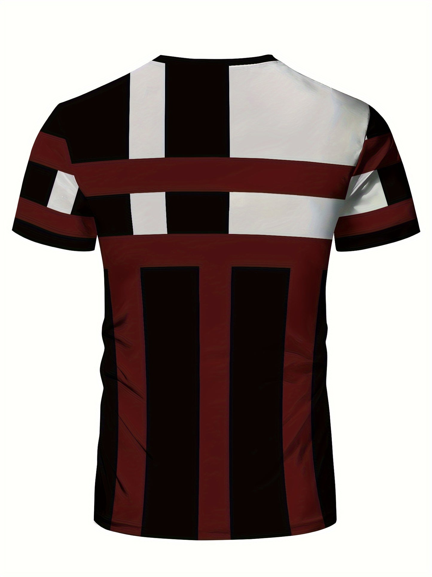 Striped Patchwork Design Pattern Print, Men'S Sports Fashion, Geometric Print High Elasticity Tight Fit Short Sleeved Round Neck T-Shirt, Summer Fitness, Training And Fitness Wear Quick Drying Sports Top with Coolness