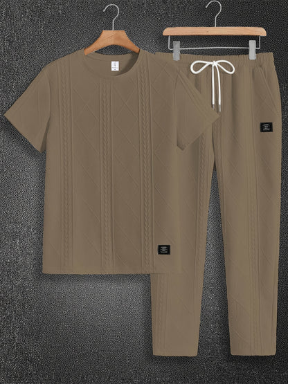 Men'S Textured Round Neck Short Sleeve Pullover & Woven Pants Pajama Set - Brown, Casual Home Wear with Drawstring Waist, Summer Comfort, Everyday Pajamas | Casual Style | Comfortable Fit, Pajamas