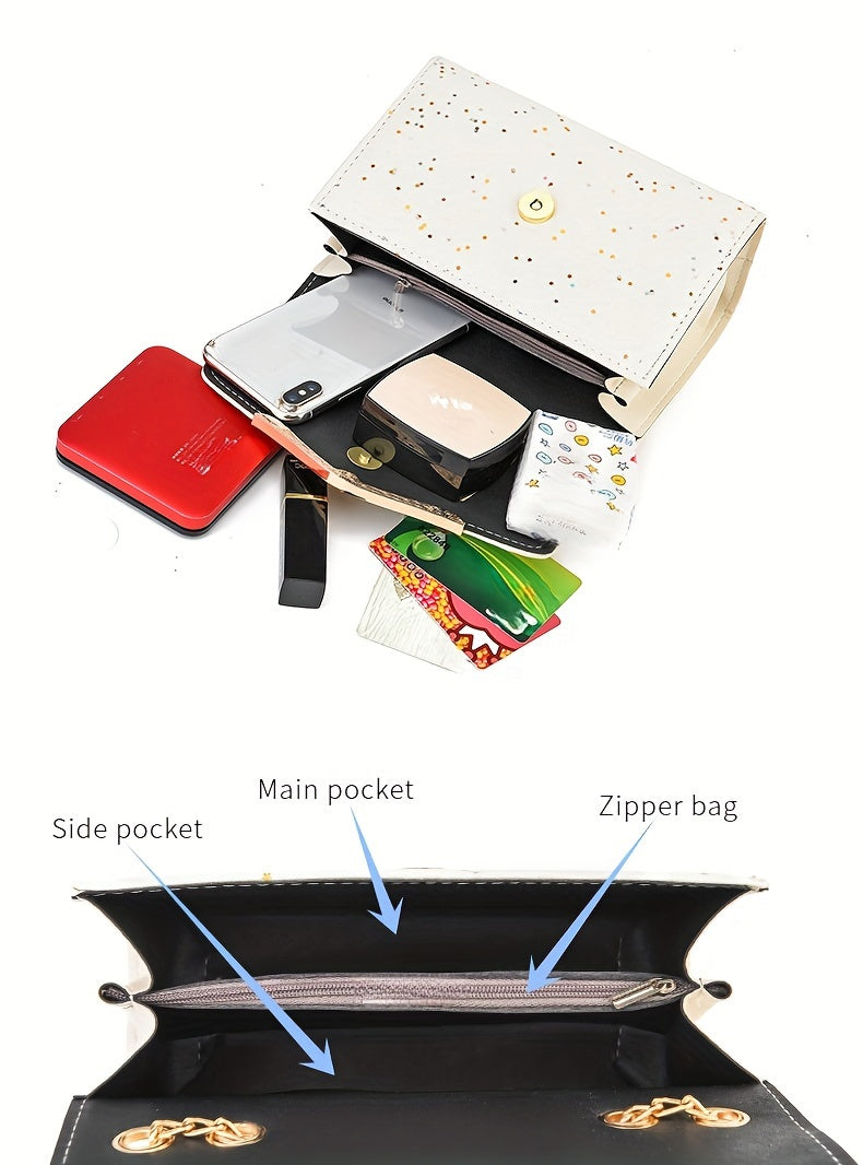 A Festive Mini Shoulder Bag with Shiny Details - Made of PU Material, Lightweight, Featuring an Adjustable Strap And Magnetic Closure, Perfect for Gifting to Family And Friends During The Holidays.