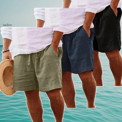 Men's Summer Cotton Drawstring Elastic Waist Straight-Leg Solid Color Breathable Casual Beach Shorts - 3pcs