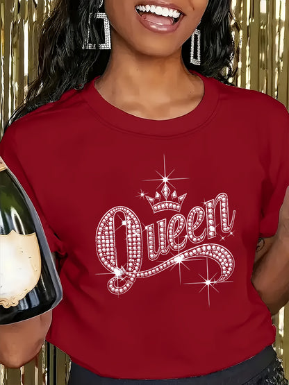 Sparkling Rhinestone Queen Crown Graphic Casual T-Shirt - Vibrant Orange Short Sleeve Round Neck Top with Medium Stretch, Machine Washable for Casual Attire & Parties, Cute T Shirts, Allseason Apparel, Party Wear, Mediumstret