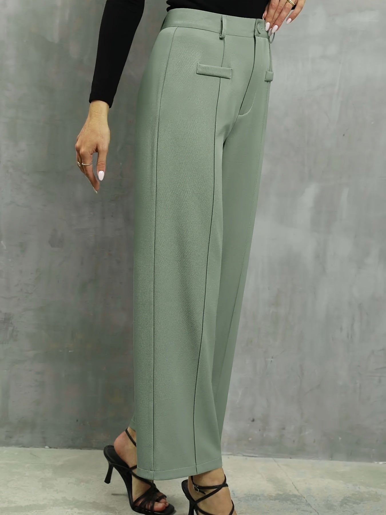 Women's Elegant High-Waist Light Blue Straight-Leg Pants - Polyester, Machine Washable, Faux Pocket Detail, Ideal for Fall/Winter, Autumn Winter Clothing | Elegant Casualwear | Smooth Texture