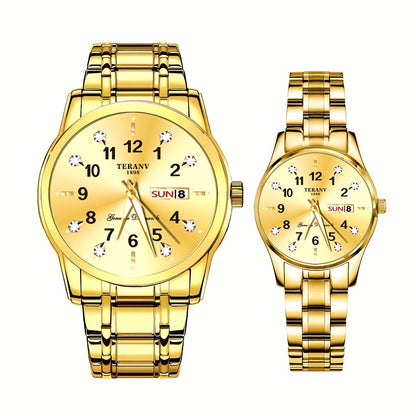 Two Stylish Digital Round Dial Couple'S Quartz Watches - IPX7 Waterproof, Luminous, Dual Calendar, Date and Day/Week Display, Alloy Strap Business Watches, Suitable for Women and Men, Valentine'S Day Gift Wristwatches