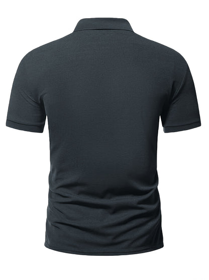 Casual Stretch Men's Solid Color Zipper Lapel Golf Shirt, Male Summer Streetwear