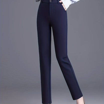 Women's High-Waist Straight-Leg Suit Pants - Navy Blue, Stretchy & Comfortable Nylon Blend, Slim Fit Professional Work Trousers with Pockets, Machine Washable, Versatile for Casual or Office Wear