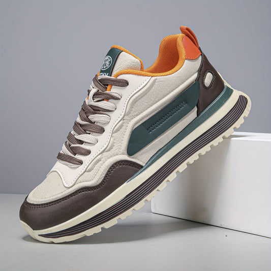 Men'S Breathable Lace-Up Sneakers - Color Block Design, Thick Sole, Casual Athletic Shoes for Casual Attire, Low-Top Style, Lace-Up Closure, PVC Sole, Fabric Inner, Round Toe, Faux Upper, Available in Black, Gray, Blue, Green