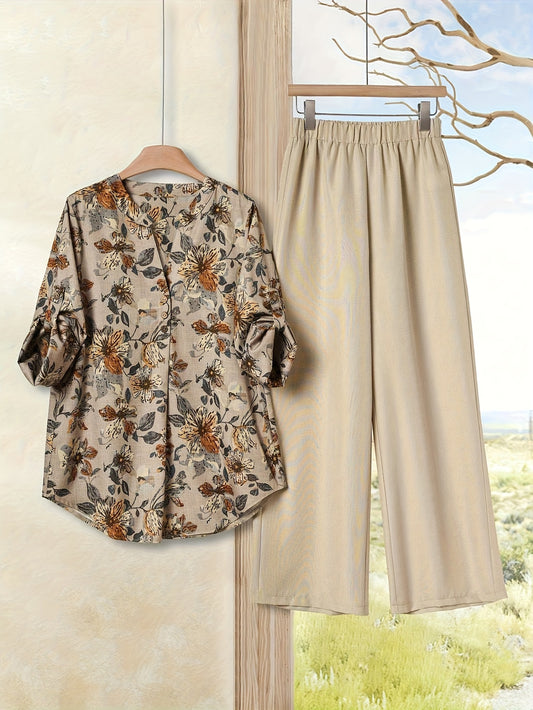 Women'S Elegant Floral Print Blouse & Beige Wide-Leg Pants - Perfect for Spring/Summer, Casual to Semi-Formal Attire, Casual Attire|Floral Print Top|Elegant Blouse