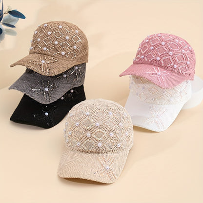Women'S Adjustable Four-Leaf Clover Faux Pearl Baseball Cap - Breathable Mesh Summer Hat with Snap Closure, Stylish Black Design for Spring/Summer, Summer Headwear | Fashionable Headwear | Mesh Fabric Ca