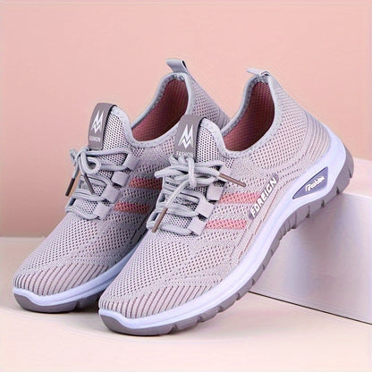 Women's Lightweight Breathable Knit Running Sneakers - Casual Sneakers with Lace-Up Closure, Dual-Layer PVC Sole for Easy Wear & Comfort, Black & Red Striped Design, Perfect for Outdoor Activities, Walking, and Daily Commute,