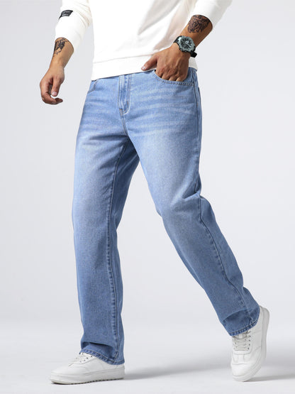 Men'S Loose Fit Straight Leg Jeans, Cotton 85% Polyester 15% Denim, Washed Solid Color Casual Style