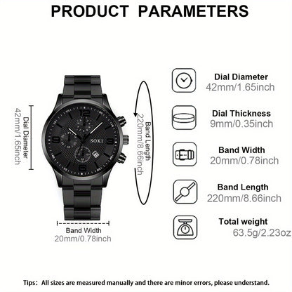 SOKI Men'S Casual Quartz Watch Set, 4pcs, Round Dial, Alloy Case, Stainless Steel Strap, Pointer Display, Calendar Feature, Non-Waterproof, Electronic Movement, Battery Powered, with Silvery Cross Pendant Necklace Ring Bracel