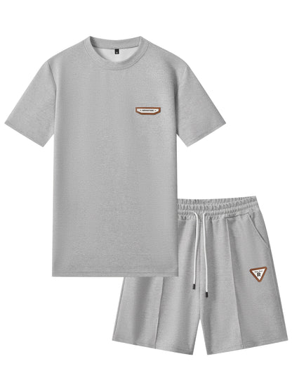 Men's Waffle Round Neck Top with Label, Short Sleeve T-shirt and Drawstring Shorts for Clean and Comfortable Spring/Summer Wear