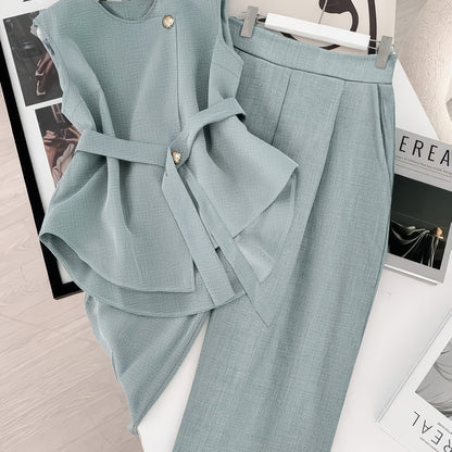 Stylish Design Solid Color Top and Wide-Leg Pants Set, Elegant Outfit