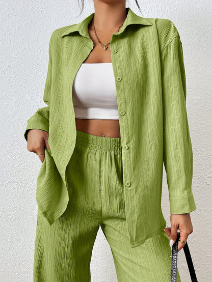 2pcs Women Spring & Autumn Casual Solid Color Long Sleeve Shirt And Pants Set