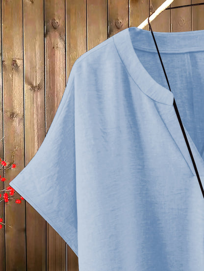 Women'S Solid Color V-Neck Short Sleeve Shirt with Elastic Waist Wide-Leg Pants Two-Piece Set
