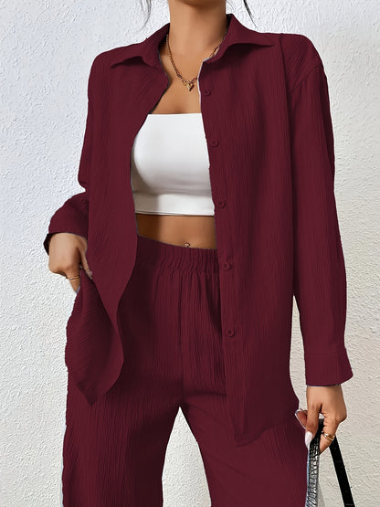 Women'S Casual Solid Color Long Sleeve Shirt + Long Pants 2pcs Set for Spring And Autumn.