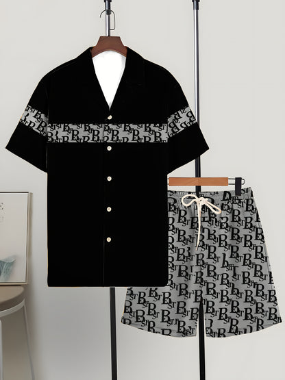 Men'S Casual Tropical Letter Print Pajama Set - Short Sleeve Shirt with Button- Collar & Shorts with Pockets, Comfortable Non-Stretch Fabric, All-Season Home Wear, Relaxed Fit, Home Comfort Clothing | Relaxed Fit Shorts | But