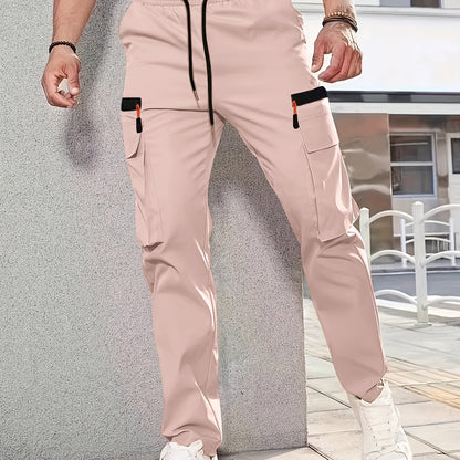 1pc Men'S Fashion Casual Cargo Pants, Solid Color Polyester Non-Stretch Fabric, All-Season Regular Fit with Multiple Pockets, Woven Straight-Leg Trousers for Sports and Leisure