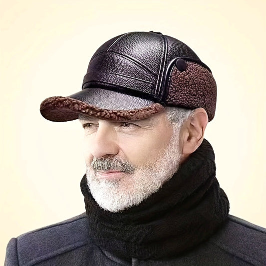 Street Style Men's Winter Cap with Ear Warmers, Faux Leather Earflap Hat for Elderly, Warm Duckbill Cap for Cold Weather