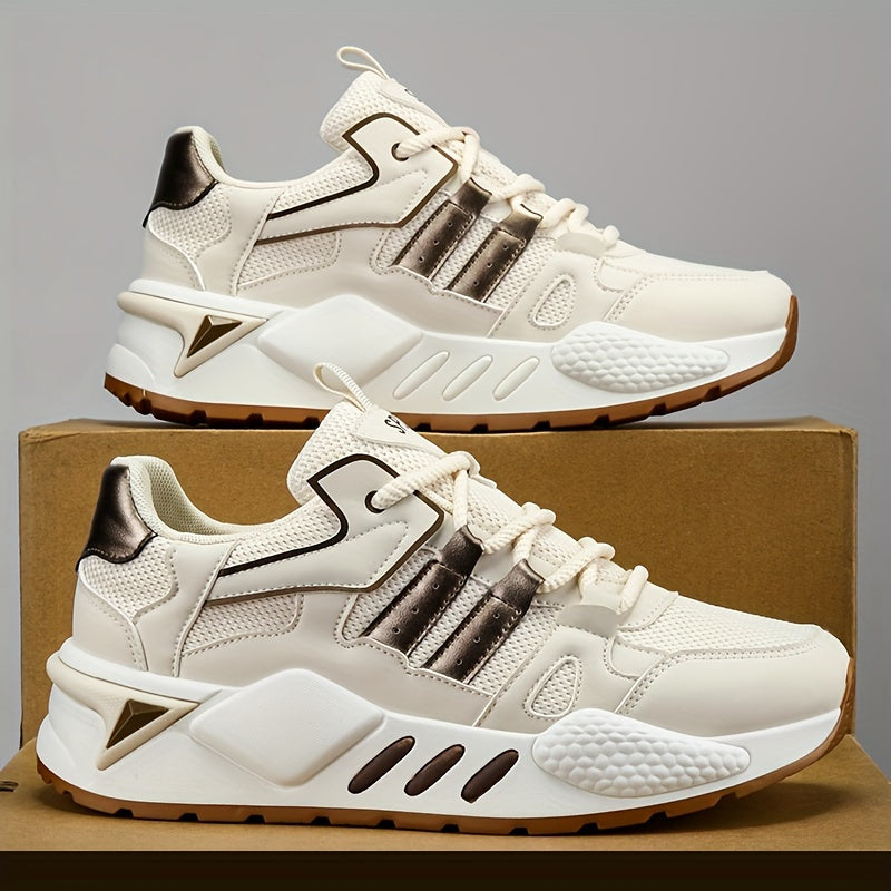 Men's Low-Top Skate Sneakers - White/Black Accent Lace-Up Shoes, Cushioned EVA Insole & Non-Slip Rubber Outsole for All-Season Urban Streetwear, Gym, Everyday - Breathable PU Upper Casual Shoes, Gym Footwear, Street Style, Du