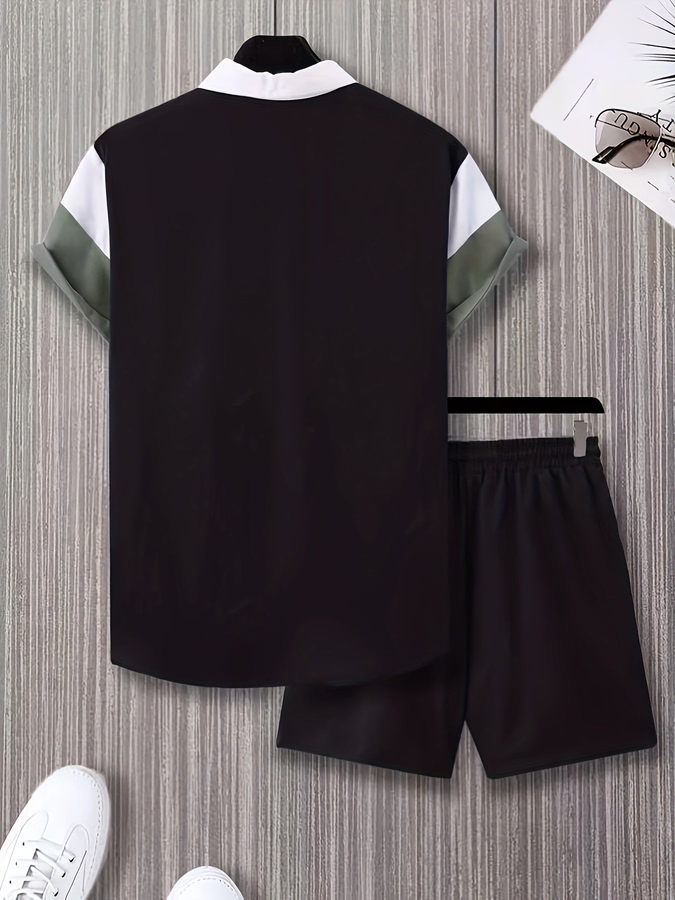 Men'S Letter Color Block Short Sleeve Shirt Shorts Casual Suit 2pcs Set