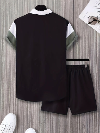 Men'S Letter Color Block Short Sleeve Shirt Shorts Casual Suit 2pcs Set