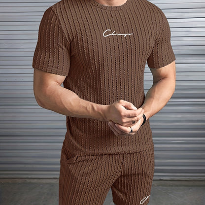 Men'S Casual Polyester Crew Neck Embroidered Alphabet Pattern Slight Stretch Knit Fabric Regular Fit Lash Sets for Spring
