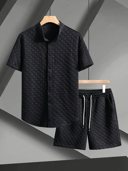 Men'S Casual Summer Short Sleeve Shirt & Shorts Set - Light Blue, Button-Up, Polyester, Perfect for Casual Attire, Parties, and Outdoor Activities, Casual Summer Wear|Short Sleeve Shirt|Polyester Fabri