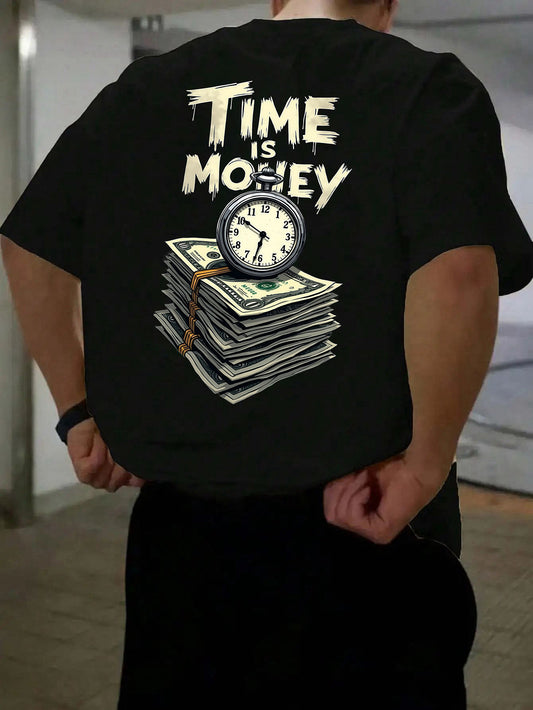 Men'S Casual Short Sleeve T-Shirt with "Time is Money" Clock & Stack of Cash Graphic - Lightweight Polyester, Loose Fit, Round Neck, Perfect for Spring & Summer Outdoor Wear, Relaxed Fit Shirt | Bold Graphic Tee | Glossy Text