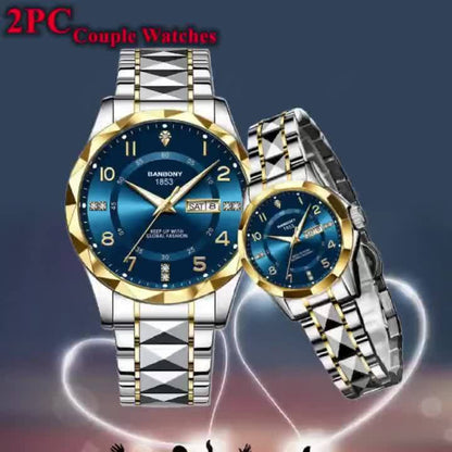 2pcs BNDBONY Brand Men And Women Couples Quartz Watch Stainless Steel Strap Scratch-Resistant Wear Luminous Pointer Digital Simple Hd Disc IPX7 Waterproof Fashion Multifunctional Couples Watch Holiday Couples Lover Birthday G
