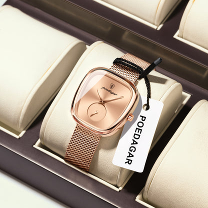 POEDAGAR Elegant Women's Quartz Watch - Waterproof, Stainless Steel Mesh Band, Rose Golden Square Dial, Black Strap, Perfect for Parties & Casual Attire, Stylish Timepiece | Elegant Design | Mesh Strap Watch, Watch Accessorie