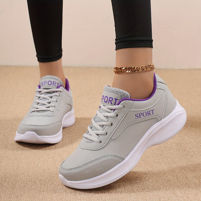 Women's Lightweight Casual Sneakers - Breathable Synthetic Synthetic Leather & Fabric Upper, Cushioned EVA/MD Sole, All-Season Lace-Up Walking Shoes for Work, Travel, Casual Attire - White with Purple Accents, Stylish Athleti